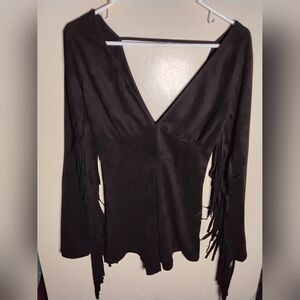 Bear Dance Women's Black Faux Suede Fringe V Neck Top Western Style Size Large